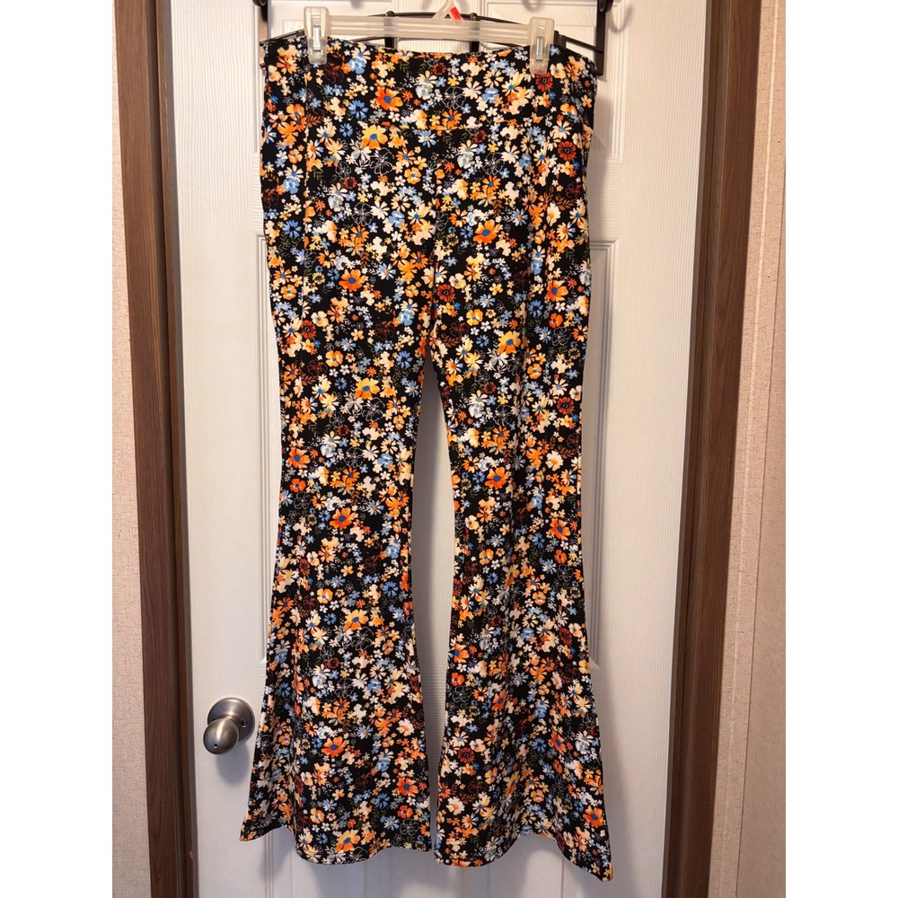 No Boundaries Floral Flare Pants XXL 19 Black Orange Blue Boho Bell Bottoms